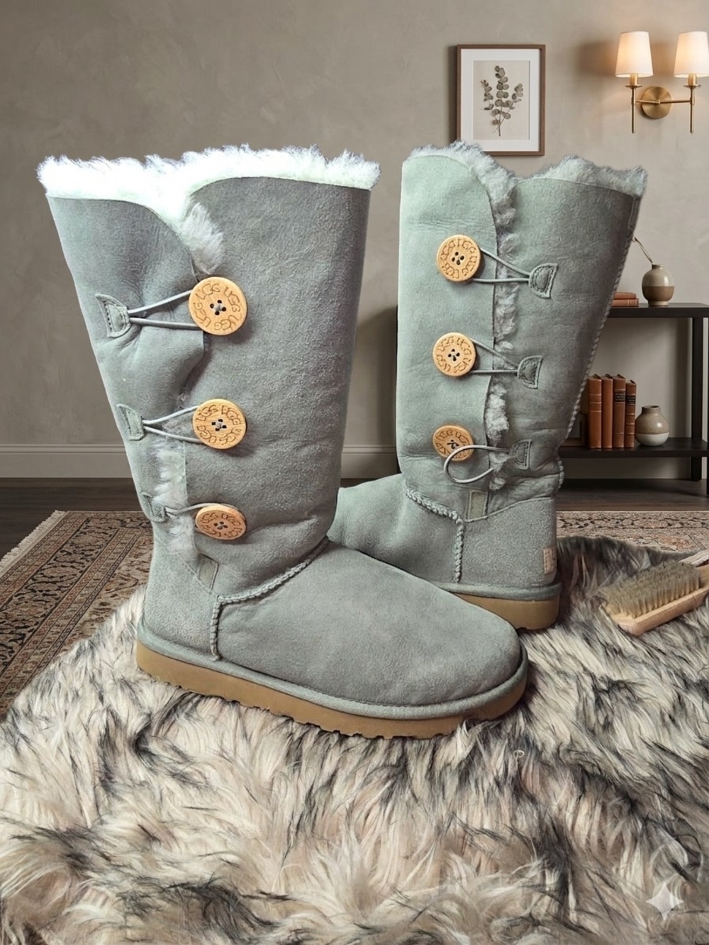 UGG Button-Detail Tall Shearling Boots in Sage Green